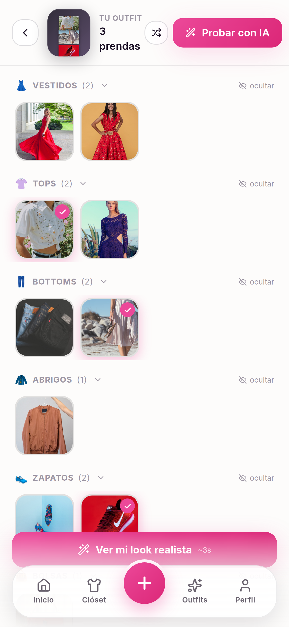 Editor de outfits Cher con prendas reales clasificadas por categoría